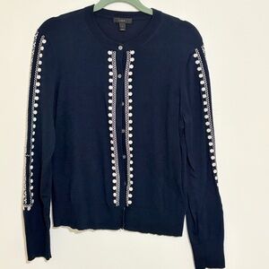 GUC J Crew Navy Blue Cardigan with White Embroidery accents Size L